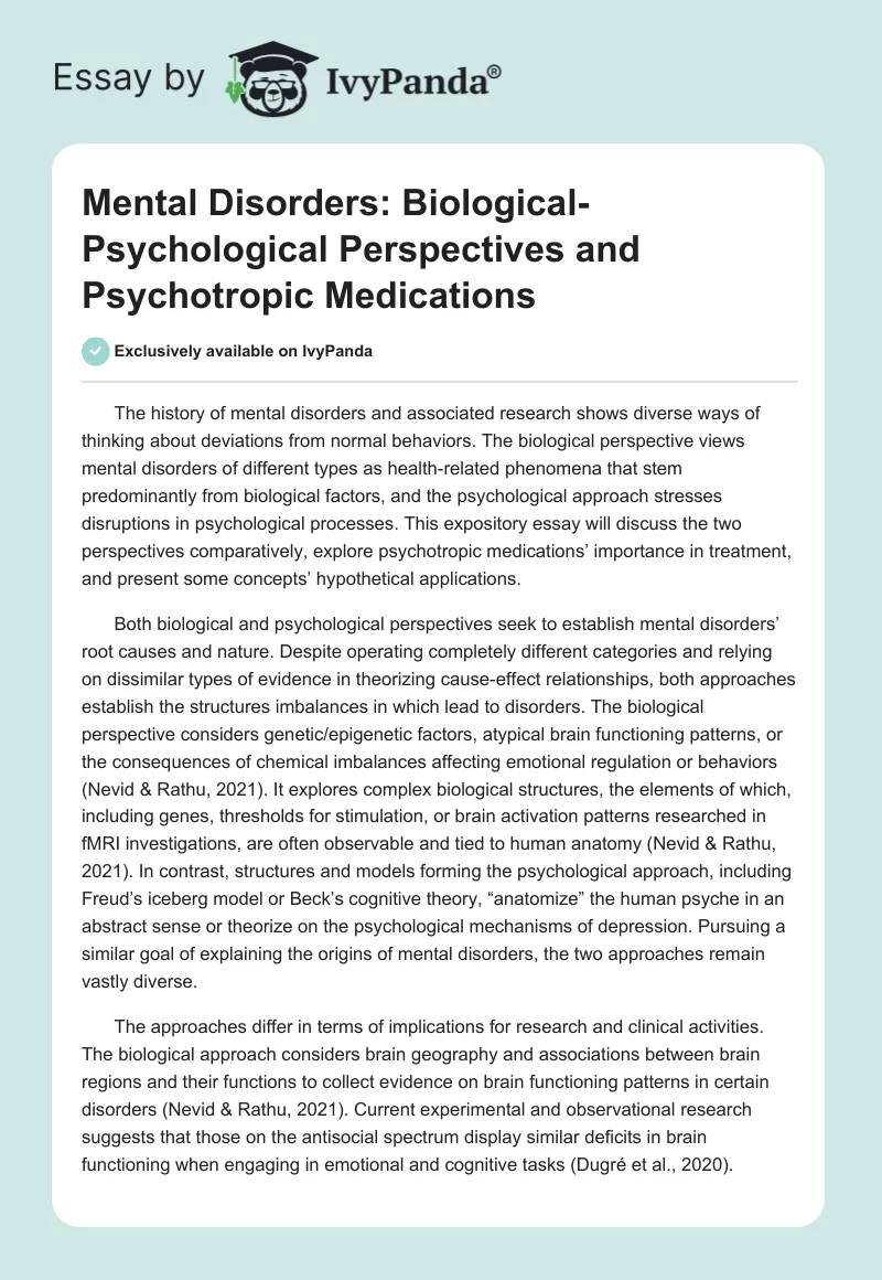 Mental Disorders: Biological-Psychological Perspectives and Psychotropic Medications. Page 1