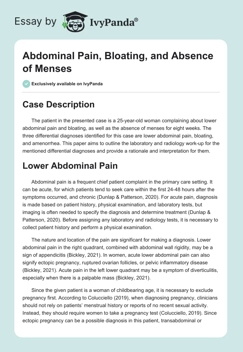 Abdominal Pain, Bloating, and Absence of Menses. Page 1