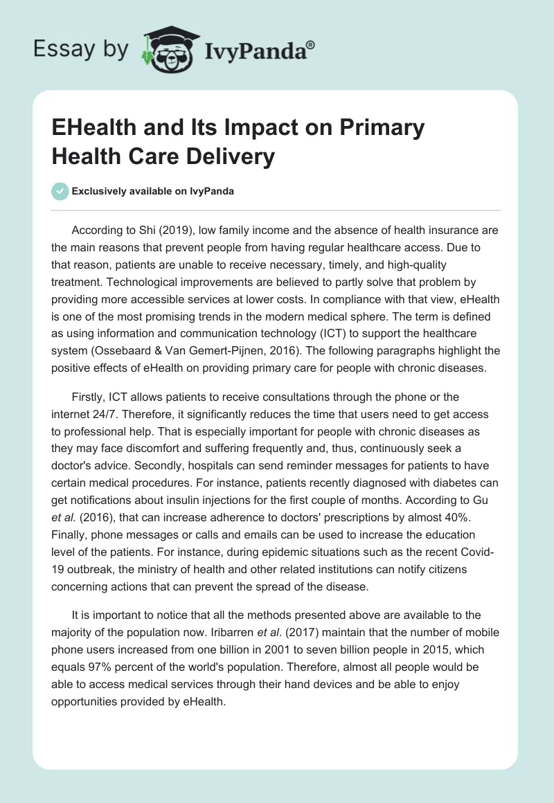 EHealth and Its Impact on Primary Health Care Delivery. Page 1