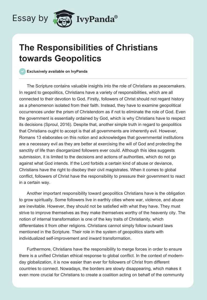 The Responsibilities of Christians Towards Geopolitics. Page 1