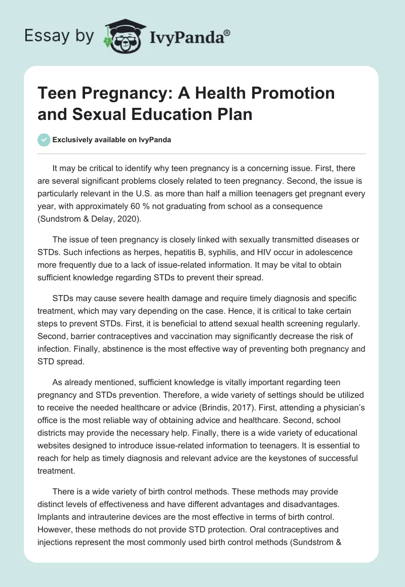 Teen Pregnancy: A Health Promotion and Sexual Education Plan. Page 1