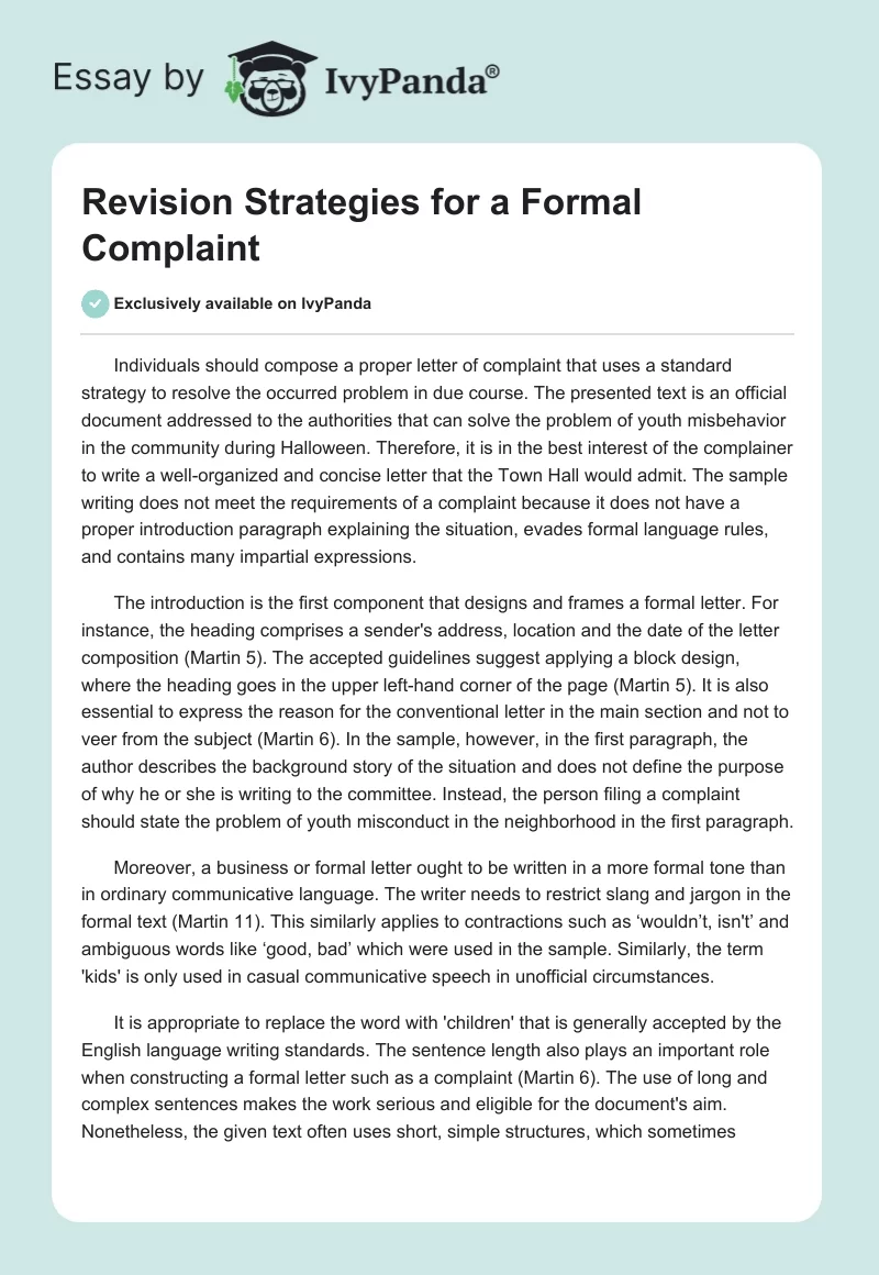Revision Strategies for a Formal Complaint. Page 1