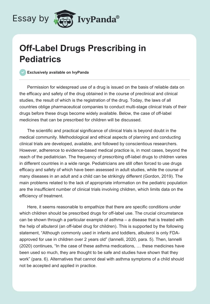 Off-Label Drugs Prescribing in Pediatrics. Page 1