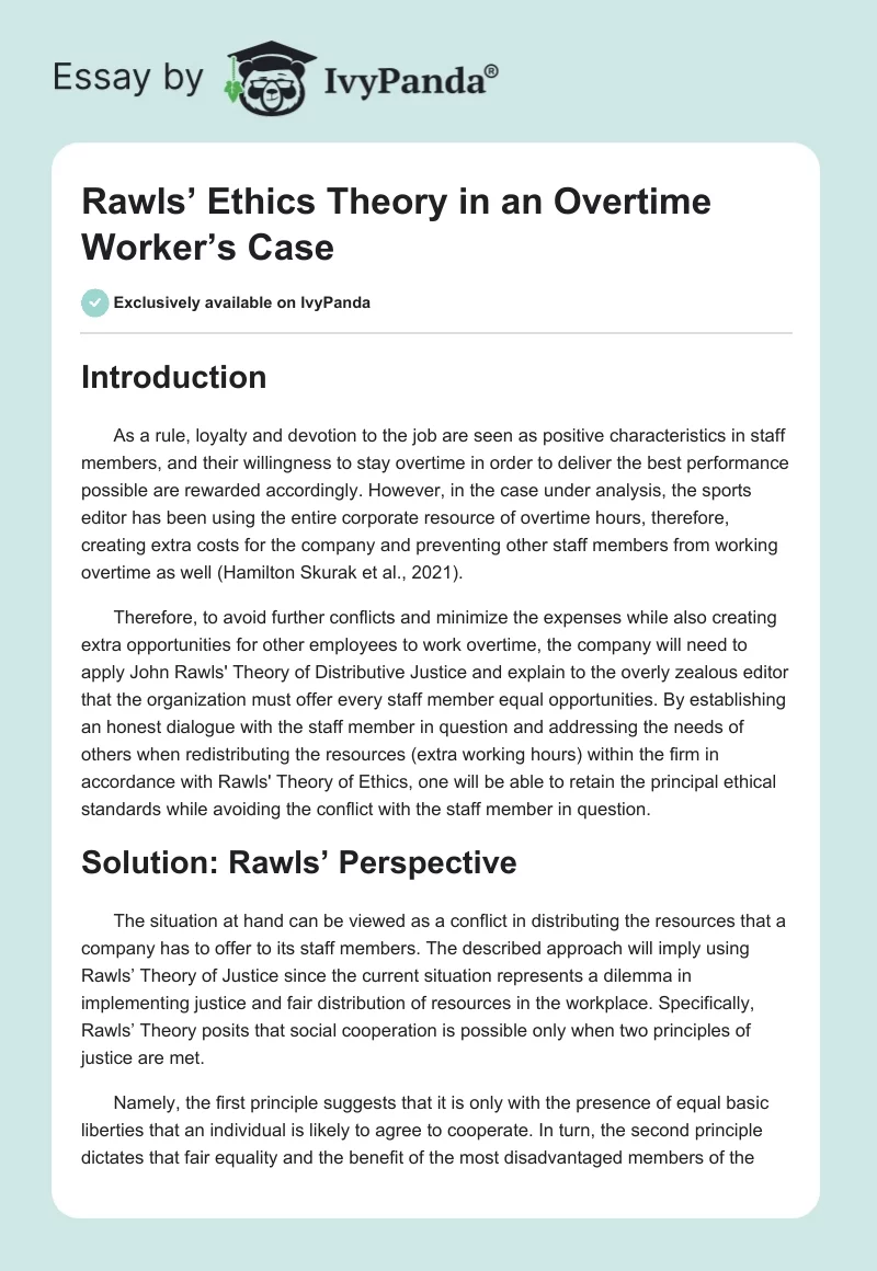 Rawls’ Ethics Theory in an Overtime Worker’s Case. Page 1