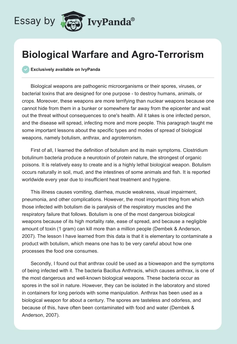 Biological Warfare and Agro-Terrorism. Page 1