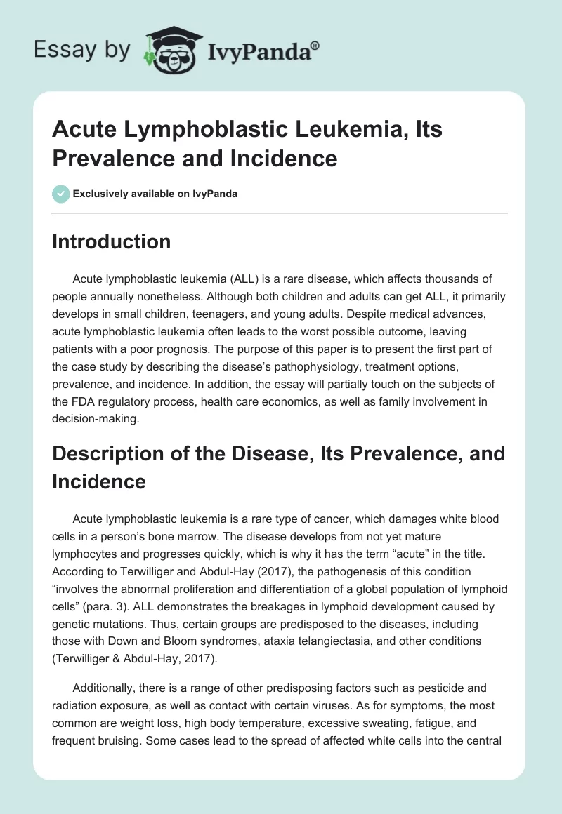 Acute Lymphoblastic Leukemia, Its Prevalence and Incidence. Page 1