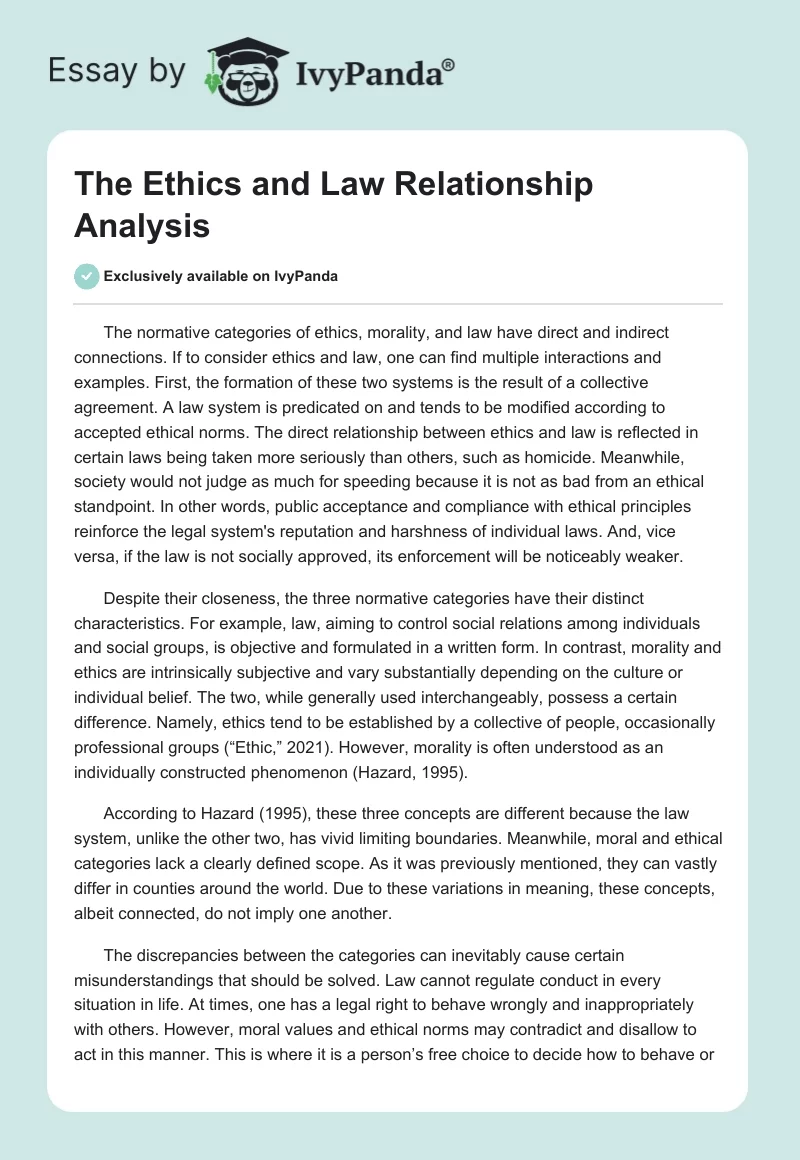 The Ethics and Law Relationship Analysis. Page 1