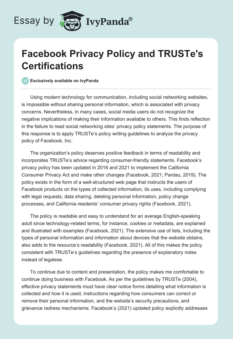 Facebook Privacy Policy and TRUSTe's Certifications. Page 1