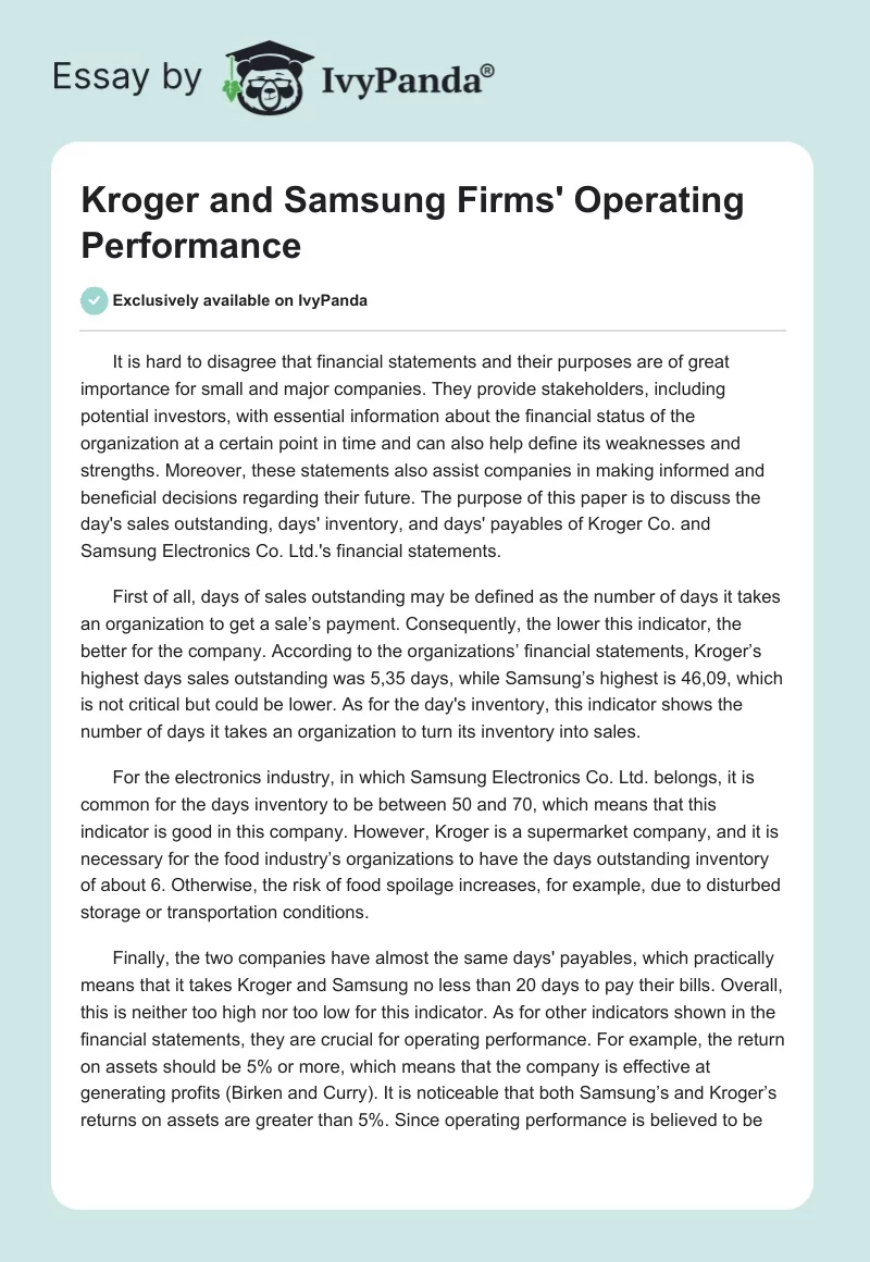 Kroger and Samsung Firms' Operating Performance. Page 1