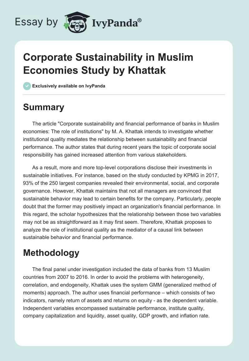 Corporate Sustainability in Muslim Economies Study by Khattak. Page 1
