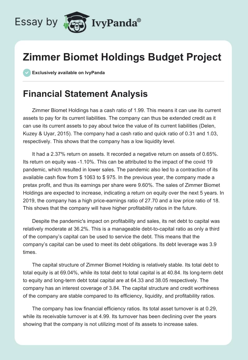 Zimmer Biomet Holdings Budget Project. Page 1