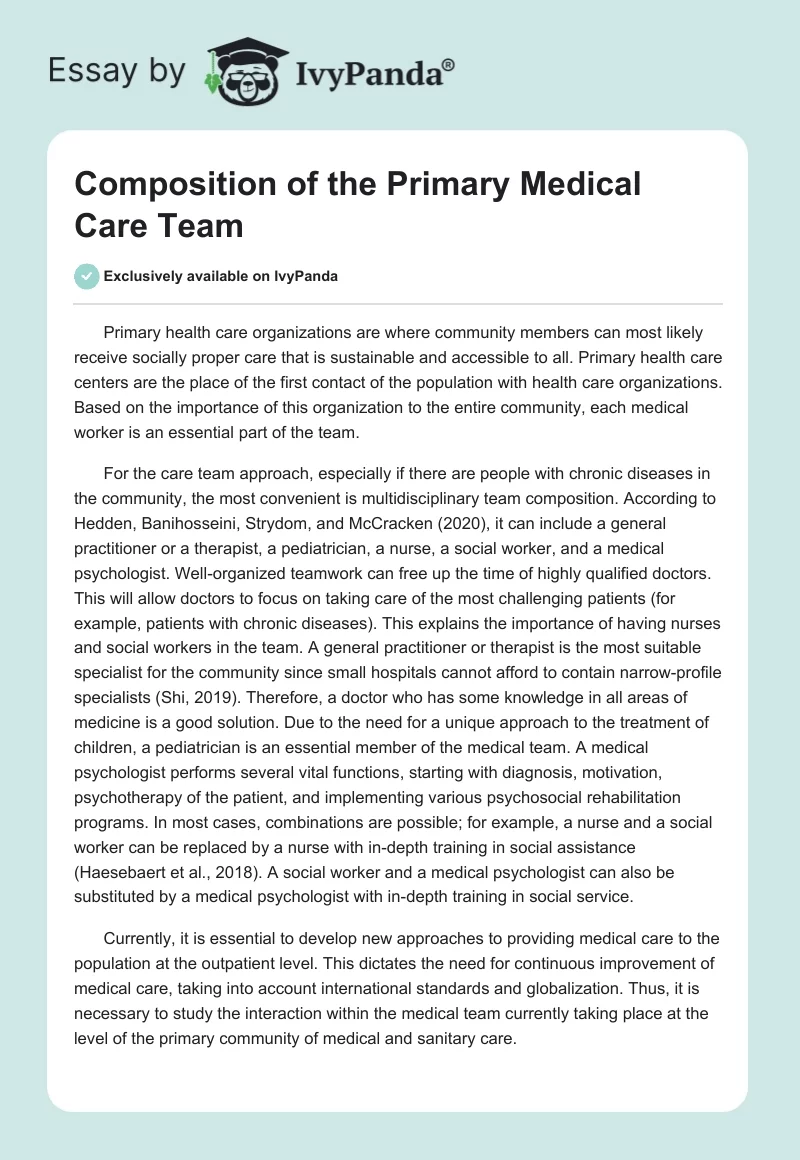 Composition of the Primary Medical Care Team. Page 1