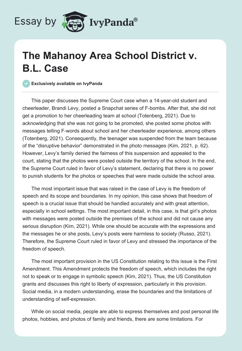 The Mahanoy Area School District v. B.L. Case. Page 1