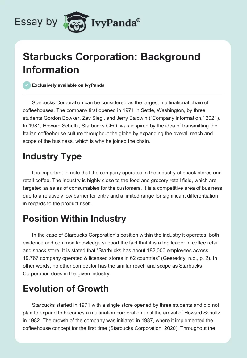 Starbucks Corporation: Background Information. Page 1