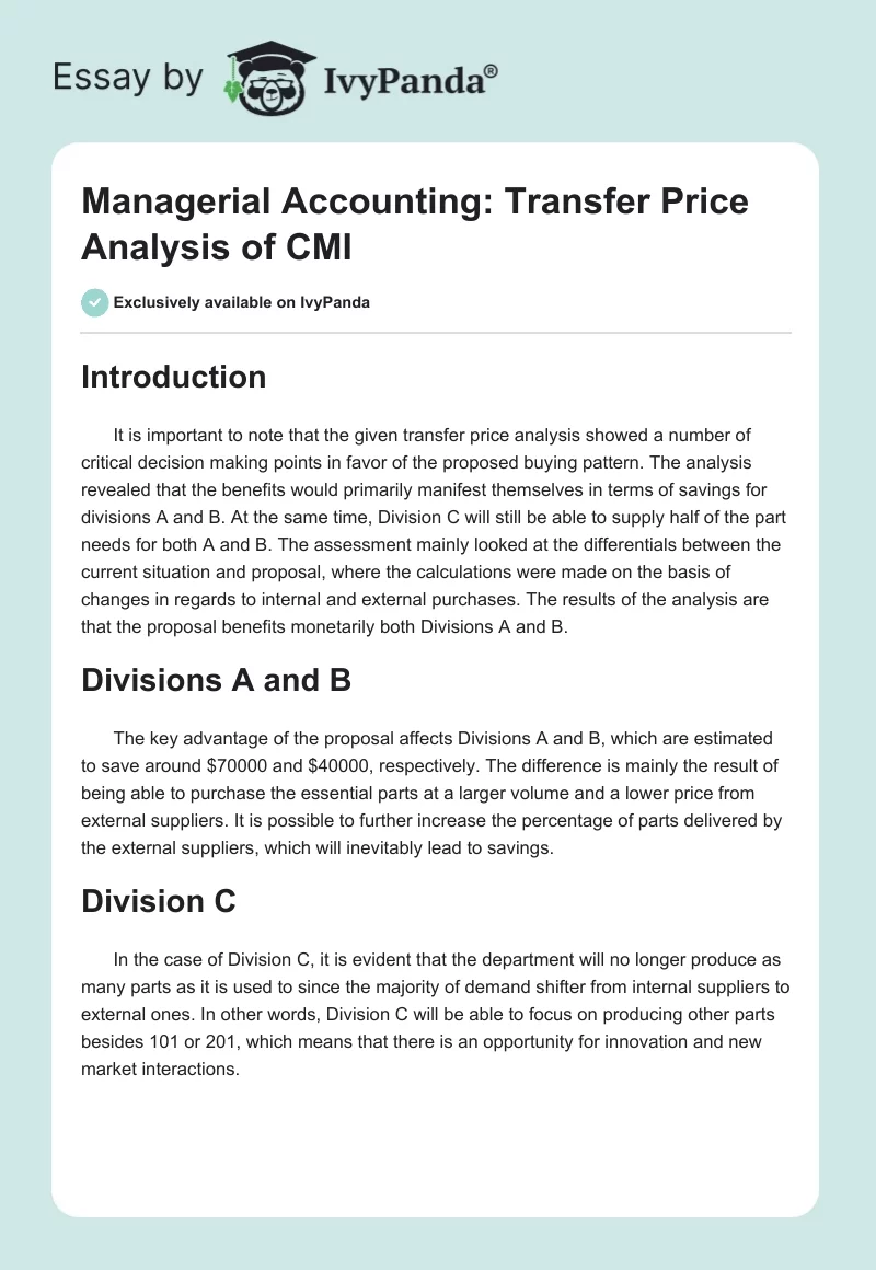 Managerial Accounting: Transfer Price Analysis of CMI. Page 1