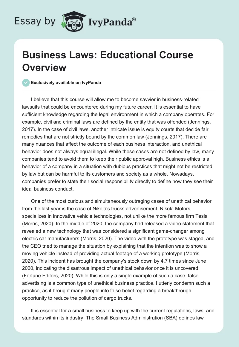 Business Laws: Educational Course Overview. Page 1