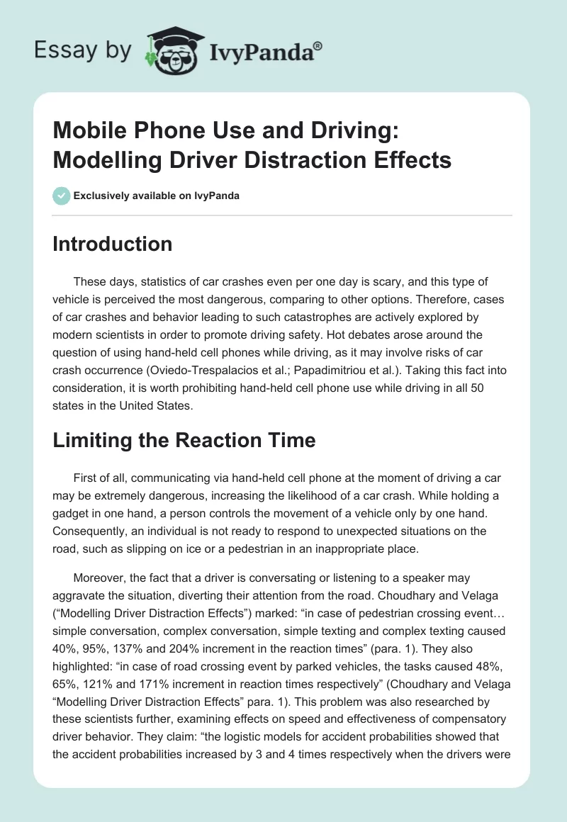 Mobile Phone Use and Driving: Modelling Driver Distraction Effects. Page 1
