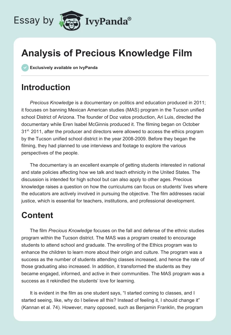 Analysis of "Precious Knowledge" Film. Page 1