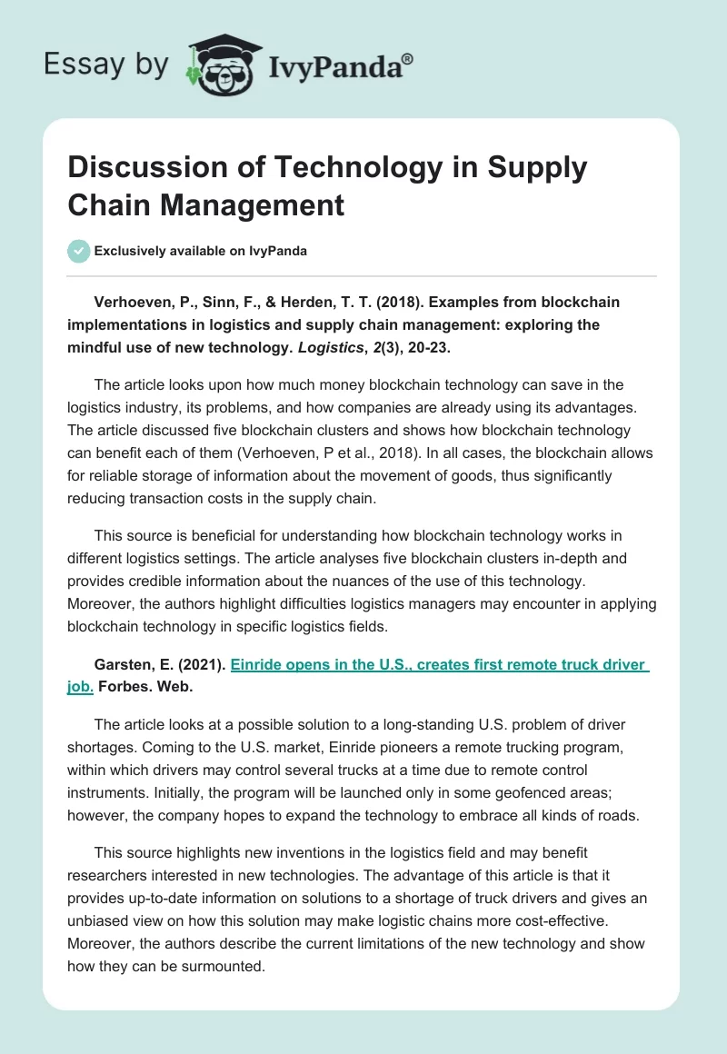 Discussion of Technology in Supply Chain Management. Page 1