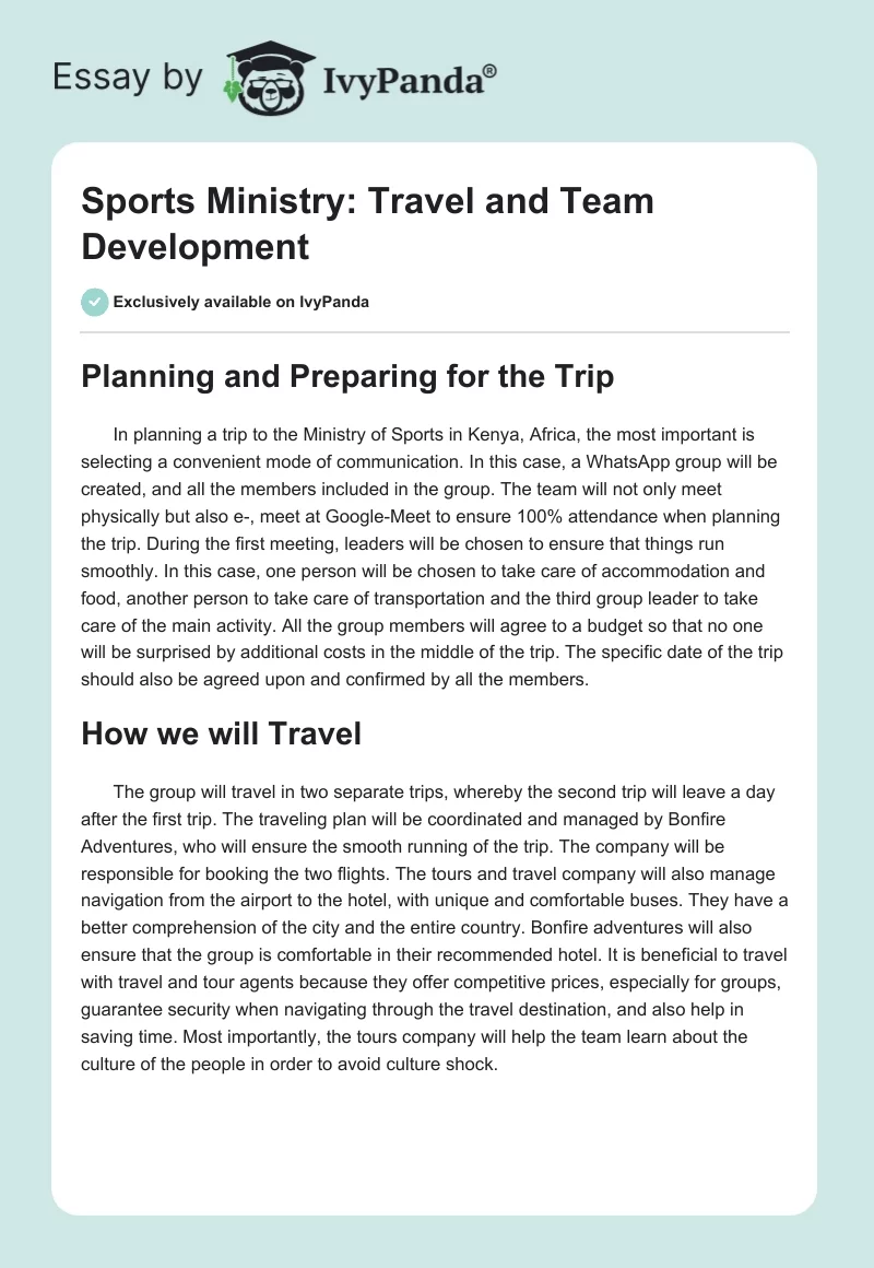 Sports Ministry: Travel and Team Development. Page 1