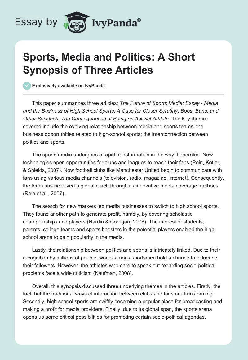 Sports, Media and Politics: A Short Synopsis of Three Articles. Page 1
