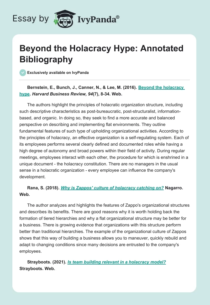 Beyond the Holacracy Hype: Annotated Bibliography. Page 1