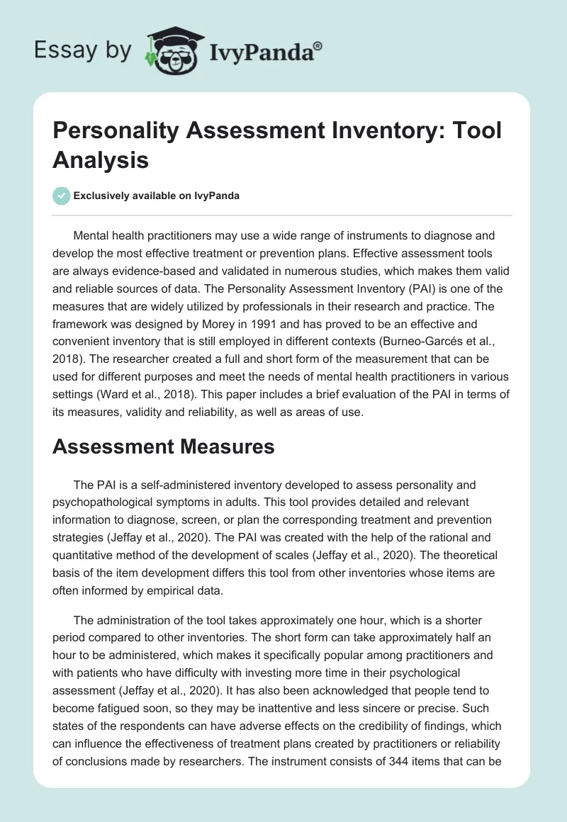 Personality Assessment Inventory: Tool Analysis. Page 1