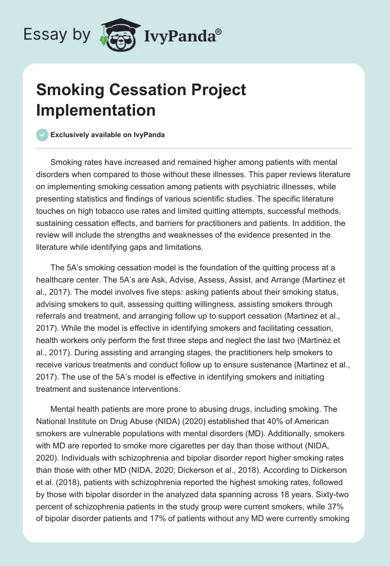 Smoking Cessation Project Implementation. Page 1