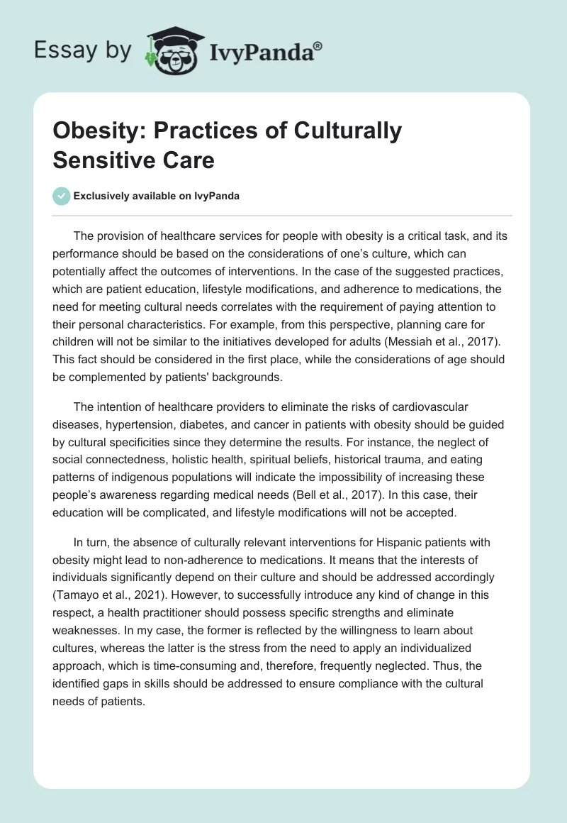 Obesity: Practices of Culturally Sensitive Care. Page 1