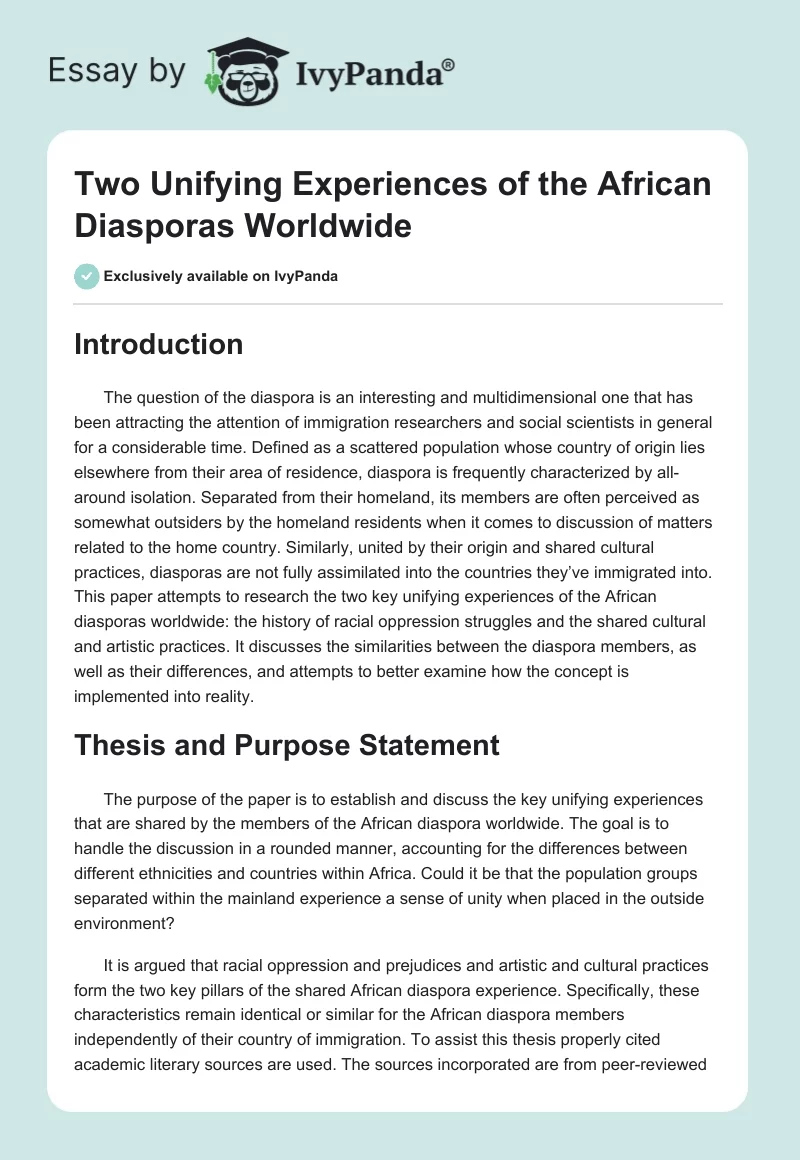 Two Unifying Experiences of the African Diasporas Worldwide. Page 1