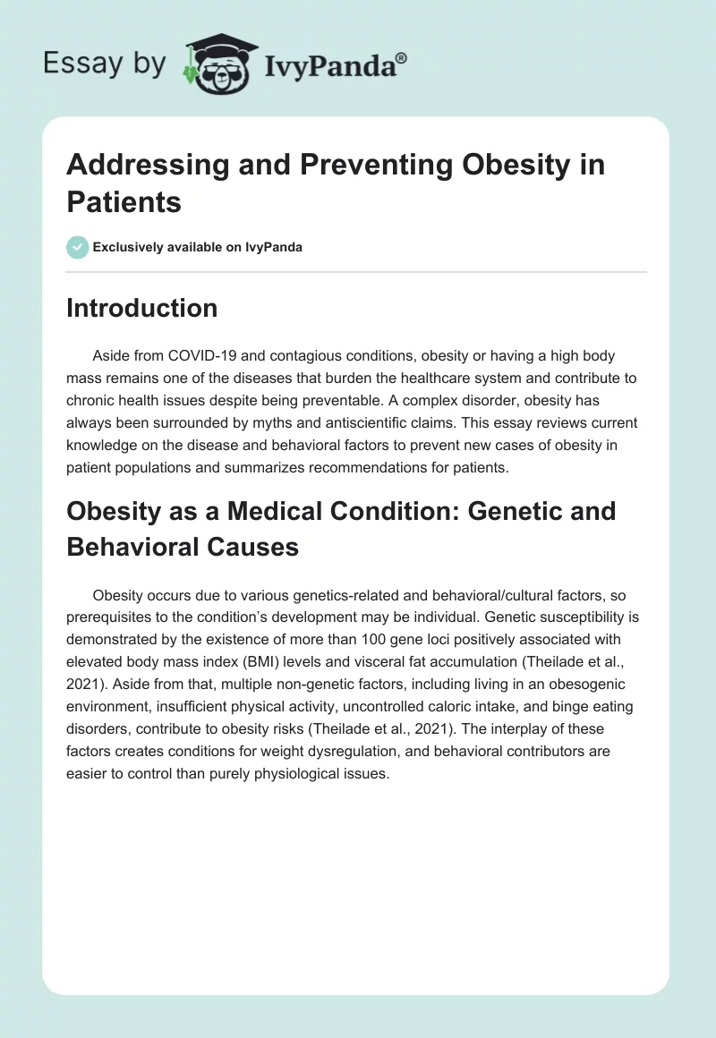 Addressing and Preventing Obesity in Patients. Page 1