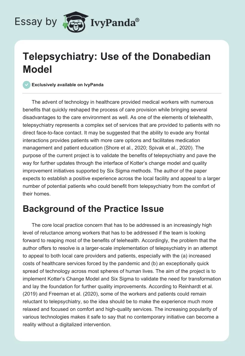 Telepsychiatry: Use of the Donabedian Model. Page 1