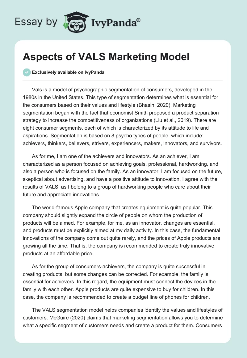 Aspects of VALS Marketing Model. Page 1