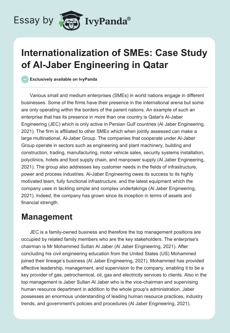 Internationalization of SMEs: Case Study of Al-Jaber Engineering in Qatar. Page 1