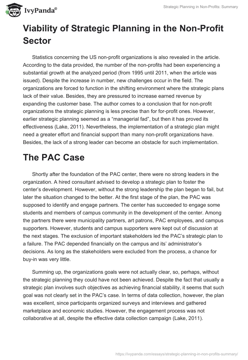 Strategic Planning in Non-Profits: Summary. Page 2