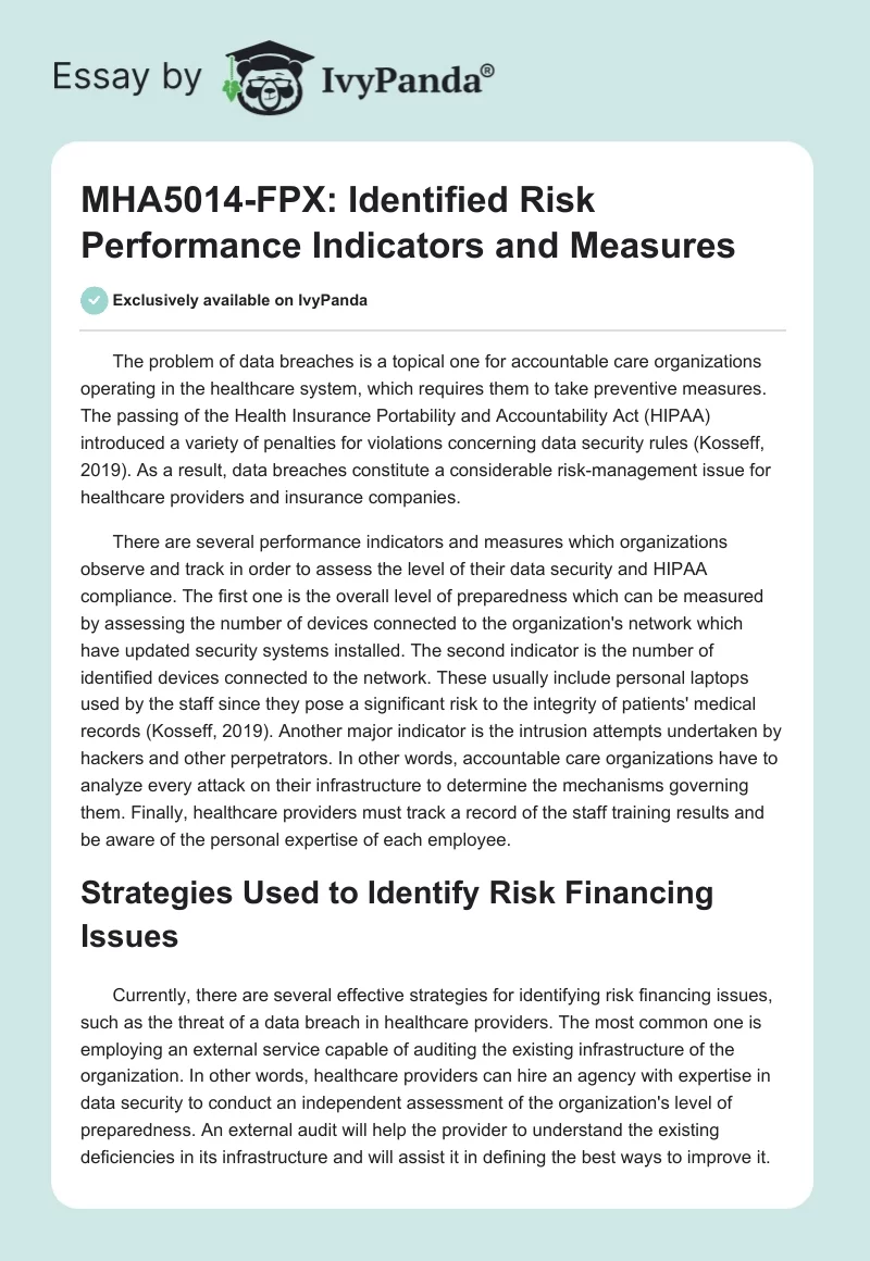 MHA5014-FPX: Identified Risk Performance Indicators and Measures. Page 1