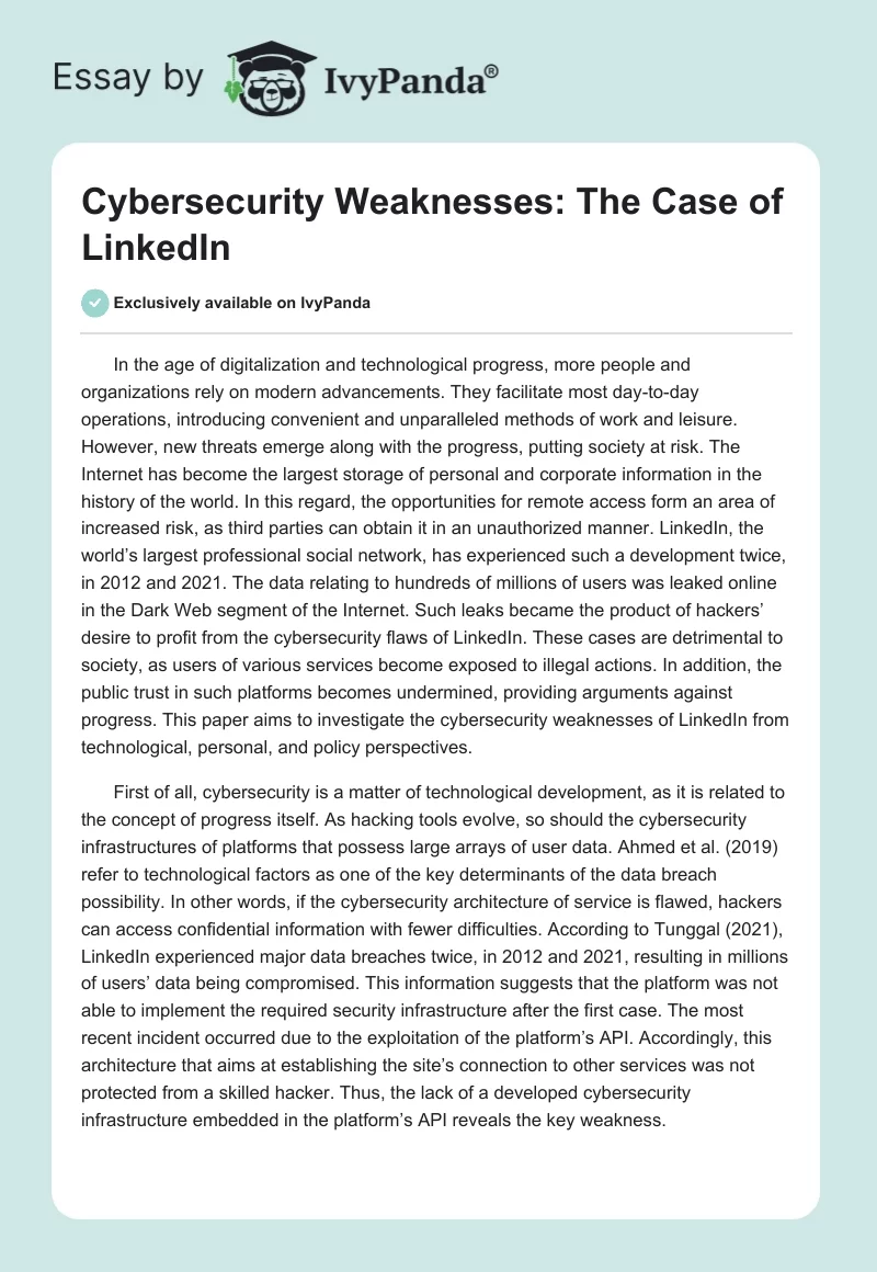 Cybersecurity Weaknesses: The Case of LinkedIn. Page 1