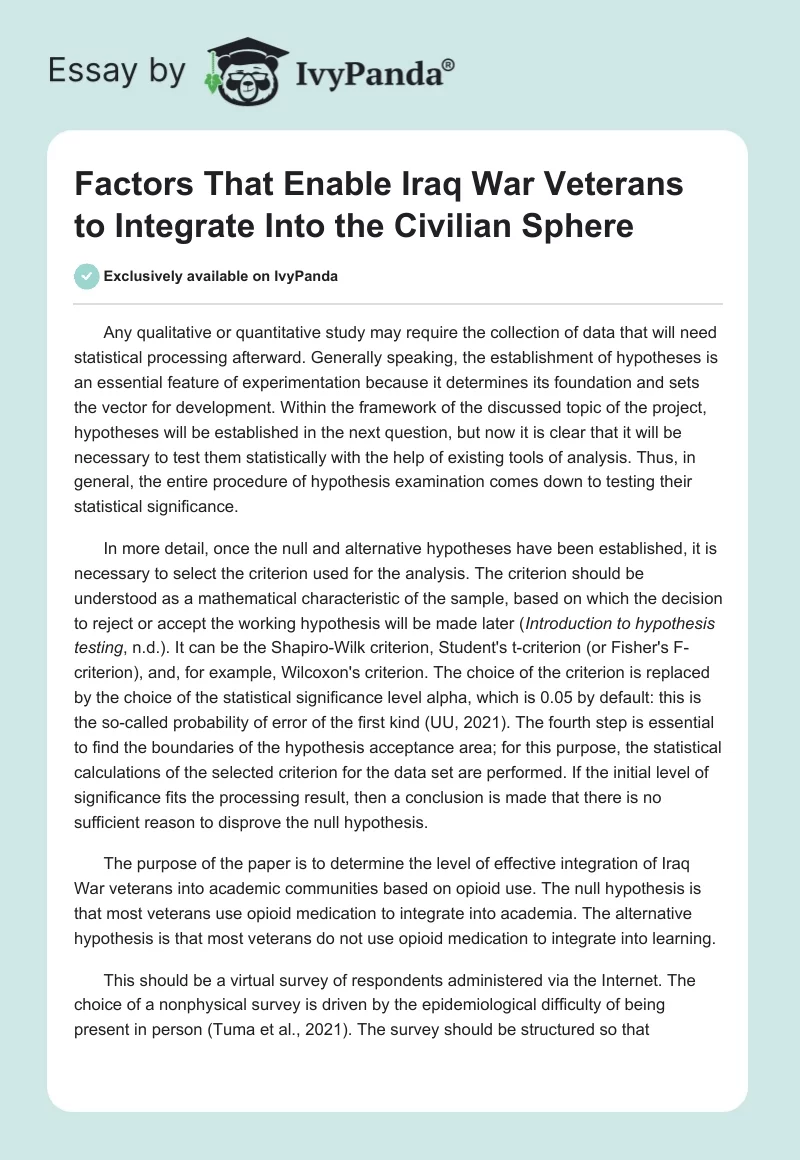 Factors That Enable Iraq War Veterans to Integrate Into the Civilian Sphere. Page 1