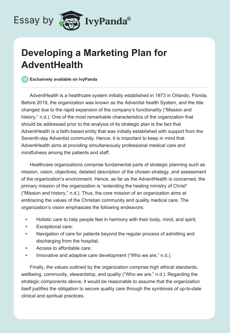 Developing a Marketing Plan for AdventHealth. Page 1