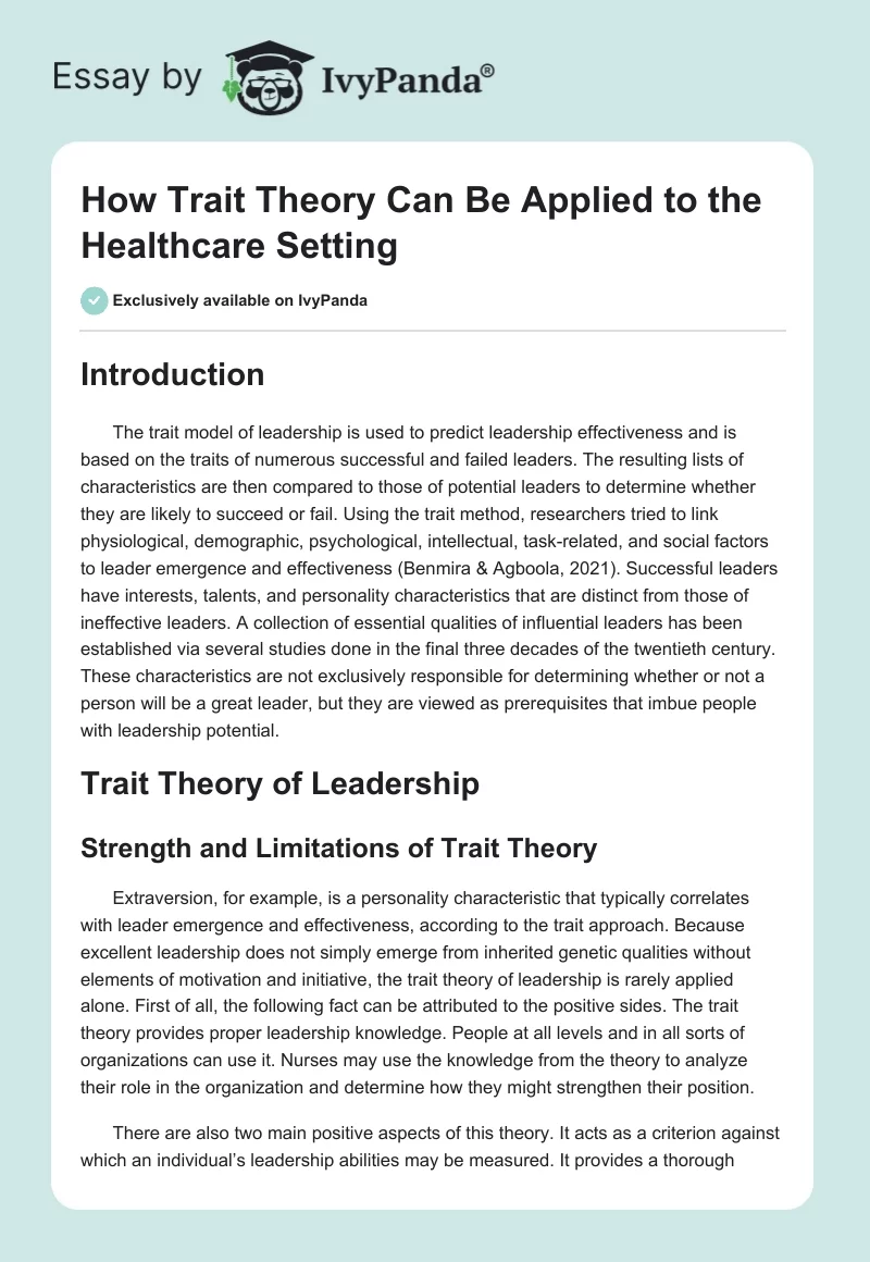 How Trait Theory Can Be Applied to the Healthcare Setting. Page 1