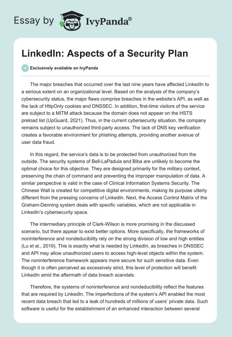 LinkedIn: Aspects of a Security Plan. Page 1