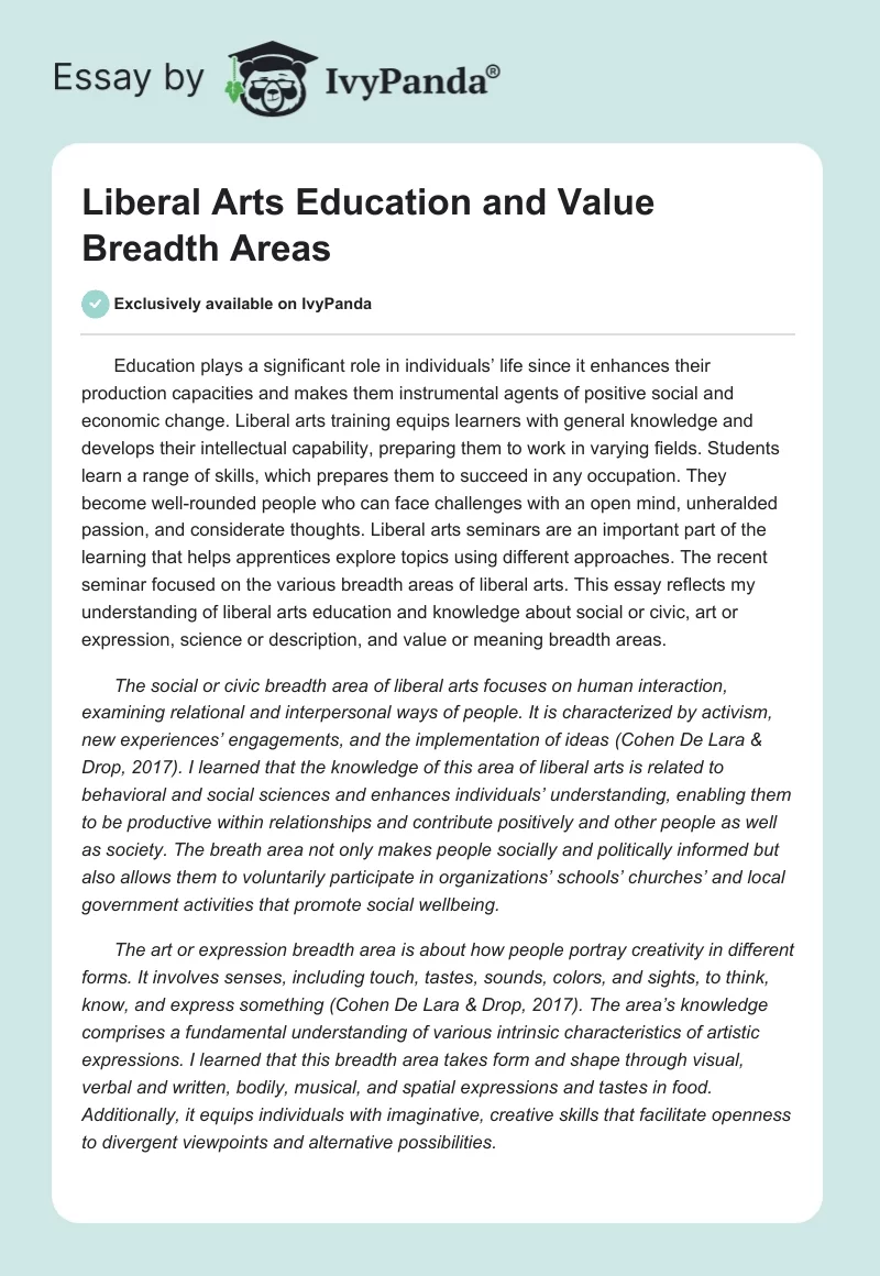 Liberal Arts Education and Value Breadth Areas. Page 1