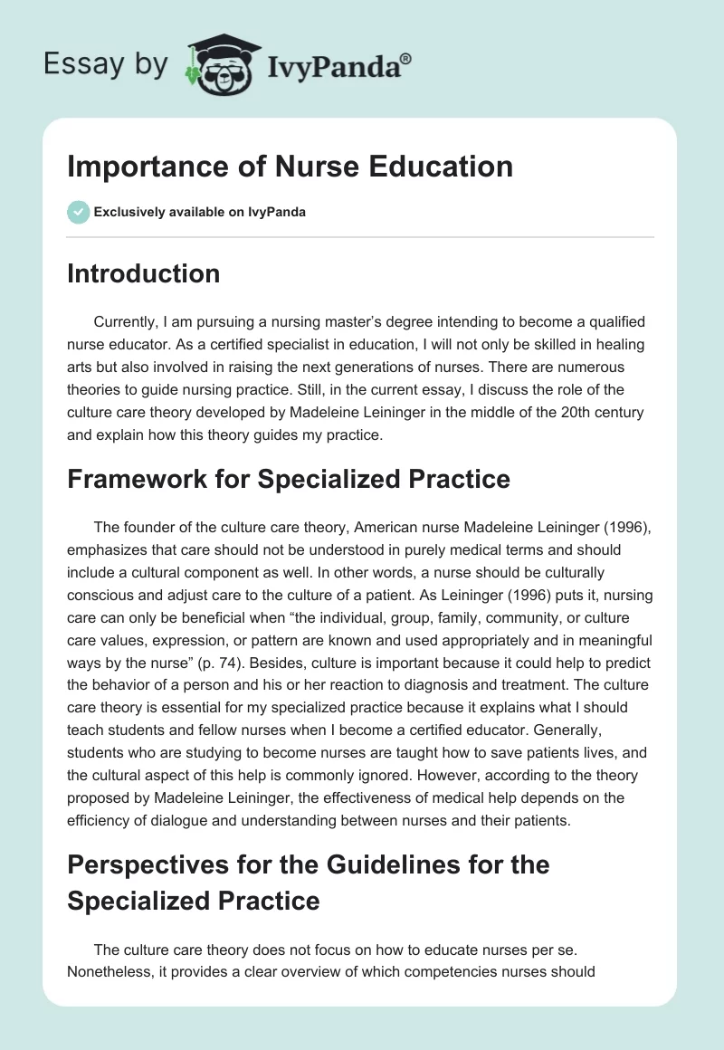 Importance of Nurse Education. Page 1
