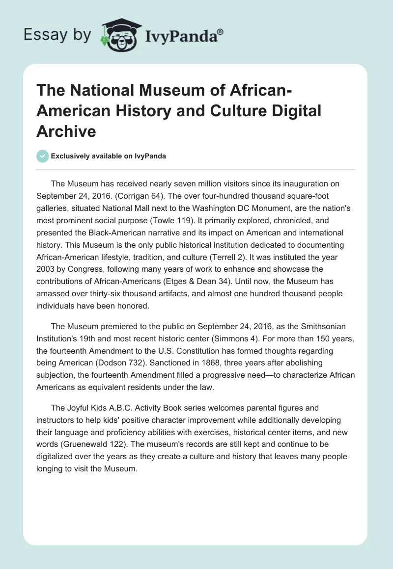 The National Museum of African-American History and Culture Digital Archive. Page 1