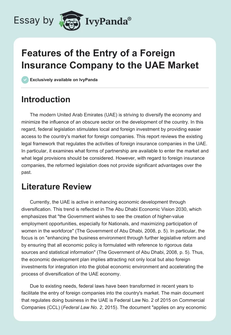 Features of the Entry of a Foreign Insurance Company to the UAE Market. Page 1