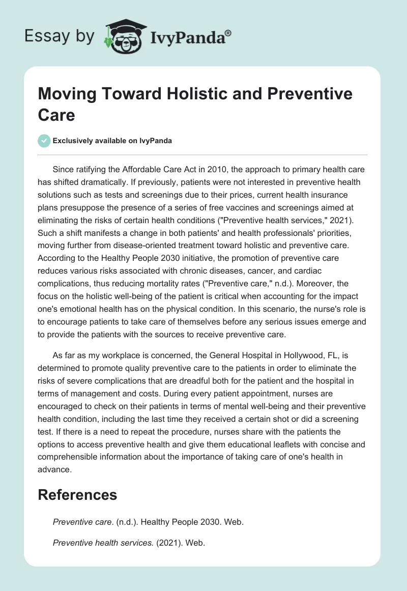 Moving Toward Holistic and Preventive Care. Page 1
