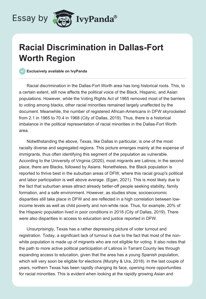 Racial Discrimination in Dallas-Fort Worth Region. Page 1