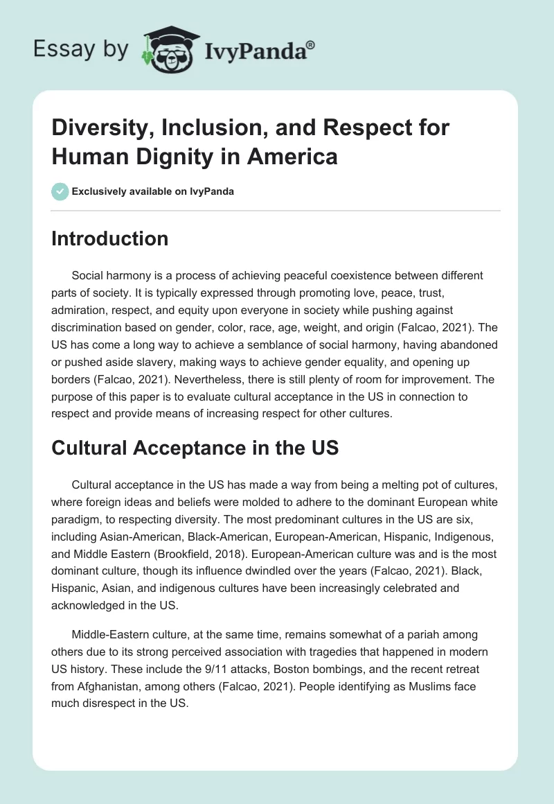 Diversity, Inclusion, and Respect for Human Dignity in America. Page 1