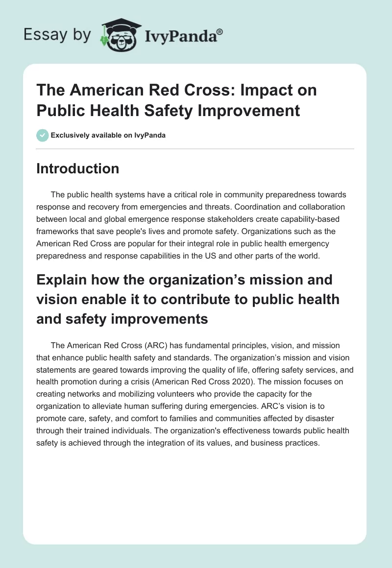 The American Red Cross: Impact on Public Health Safety Improvement. Page 1
