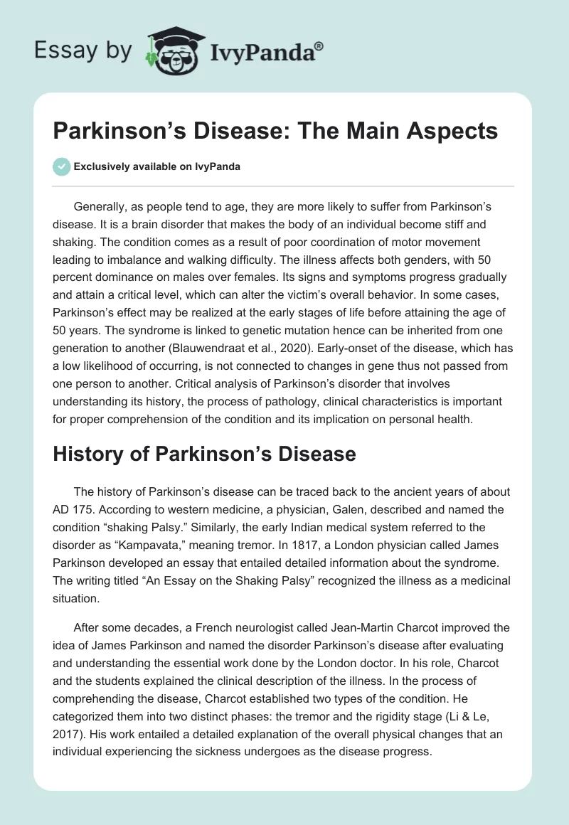 Parkinson’s Disease: The Main Aspects. Page 1